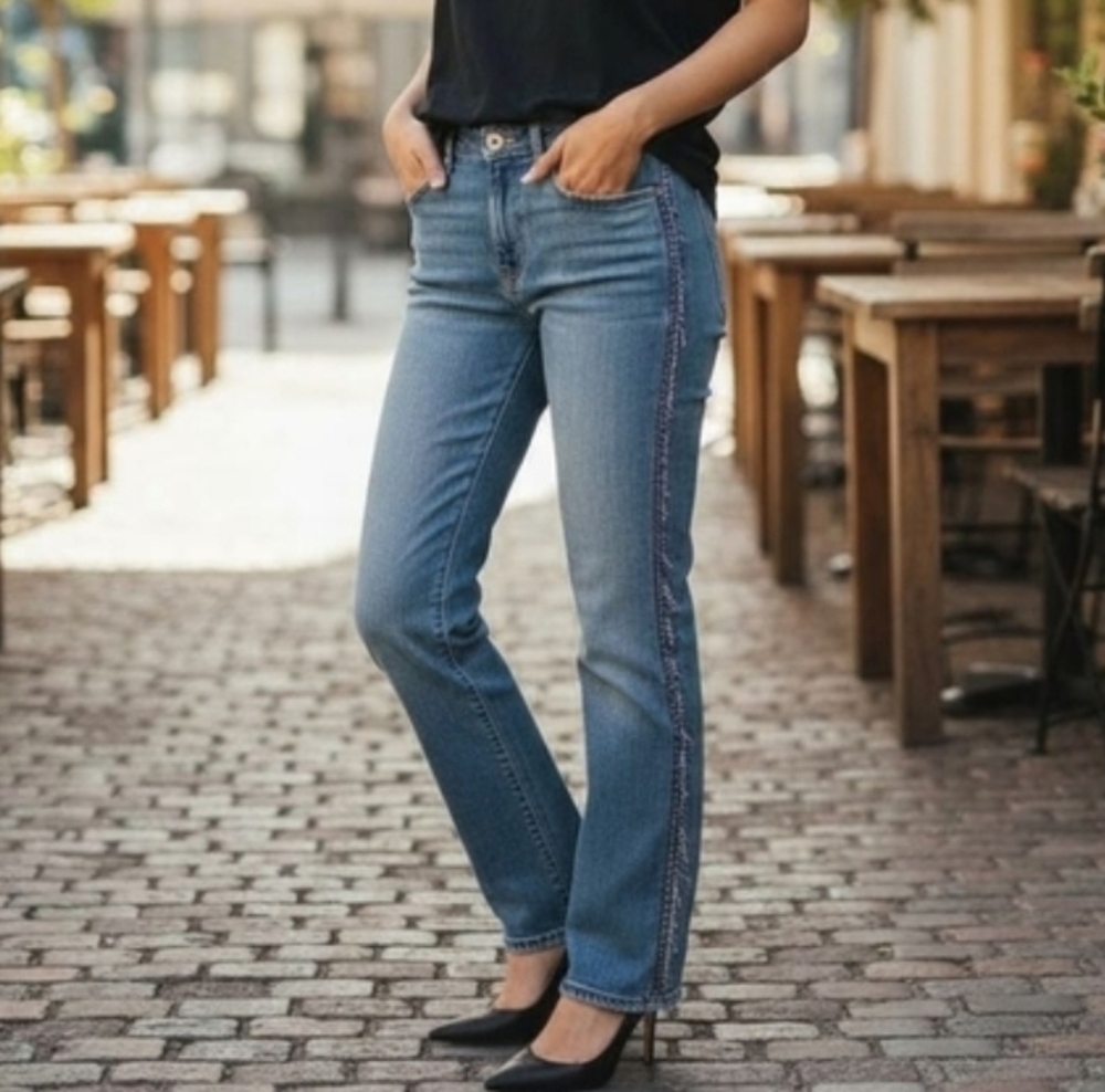 Gaelle Paris Designer Denim Jeans With Beaded Fringe Women's Size 30 NWT
